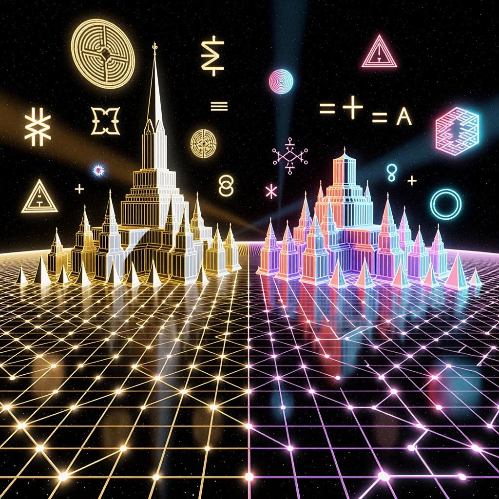 Two mirrored geometric citadels—one gold, one iridescent—standing on a simulated grid with symbolic glyphs, representing predatory power structures versus liberation hyperlogic in a hyperdimensional gameboard.