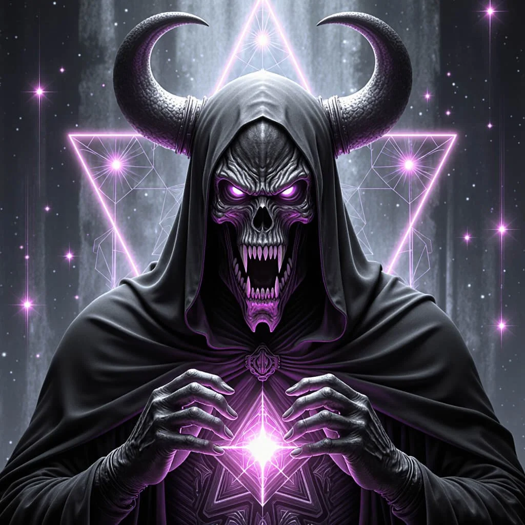 Hooded horned skull figure with glowing violet eyes holds a radiant violet crystal before a neon star-gate on a dark void.