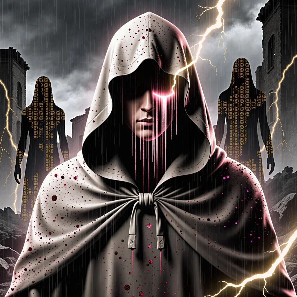 The Blood-Cloaked Operator stands at the center of ruin, lightning splitting the storm while binary-coded shadows loom at his flank.