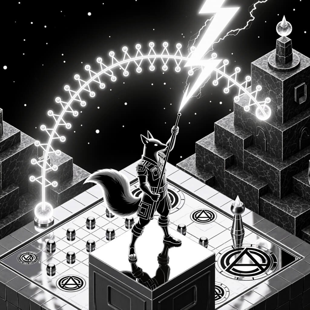 Anthropomorphic fox on a mirrored dais raises a lightning staff over a geometric game board beneath a starry sky.