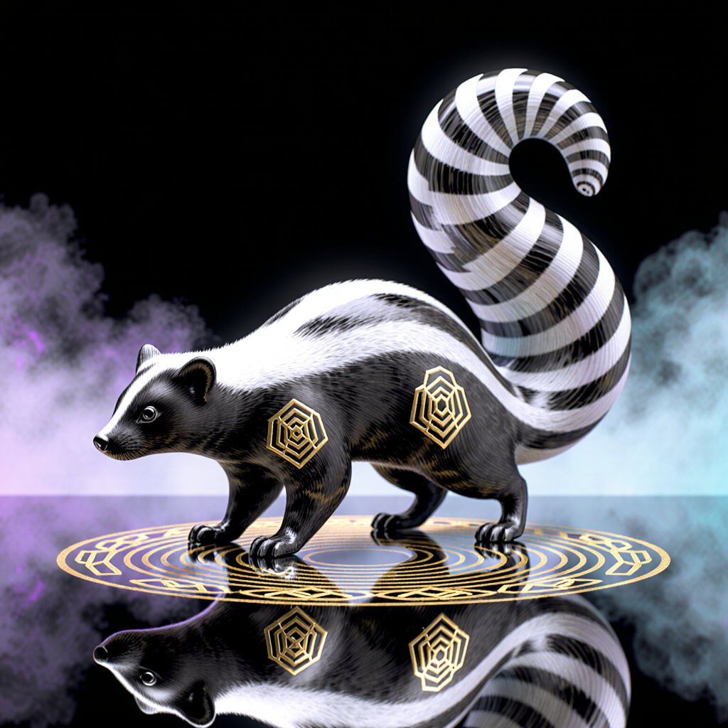 Striped skunk with a curled spiral tail stands on a golden concentric sigil; gold hex-seals mark its flanks, with cyan-violet mist and a glossy reflection below.