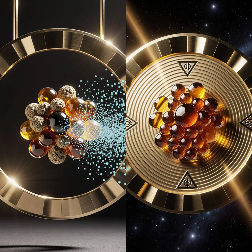 Split-frame golden chamber showing particle disintegration on the left and crystalline convergence on the right, symbolizing entropy versus coherent recomposition in archetypal predation and liberation hyperlogic.