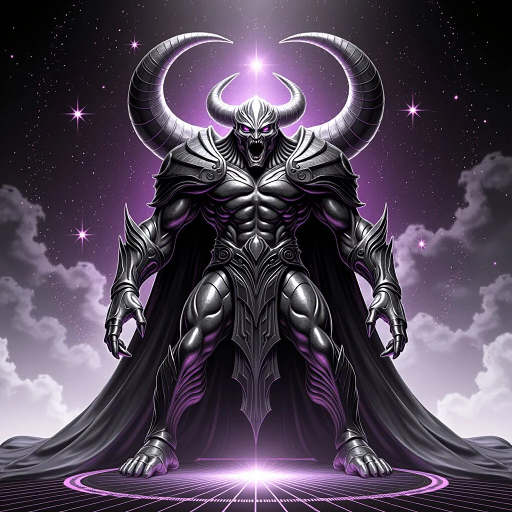 Horned, armored titan with a flowing cape stands on a glowing violet sigil circle beneath a starry sky.