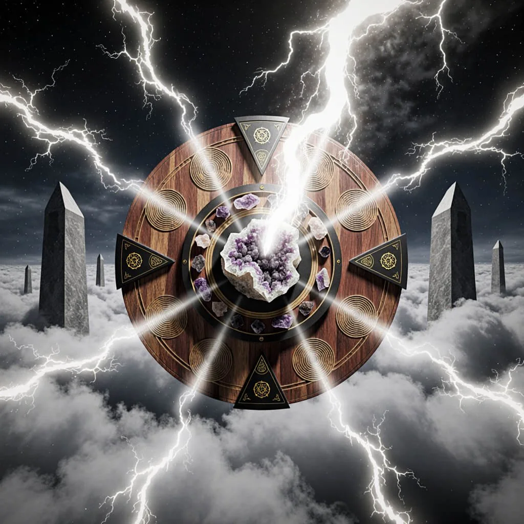 Floating wooden ritual disc with amethyst geode struck by lightning, surrounded by monolithic obelisks emerging from clouds, symbolizing energy transmutation, archetypal power, and cosmic infrastructure.