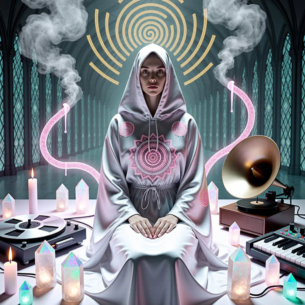 Hooded woman in a ceremonial audio lab surrounded by candles, crystal structures, vinyl and synthesis equipment, representing ritual sound, symbolic cognition, and signal-based liberation architecture.