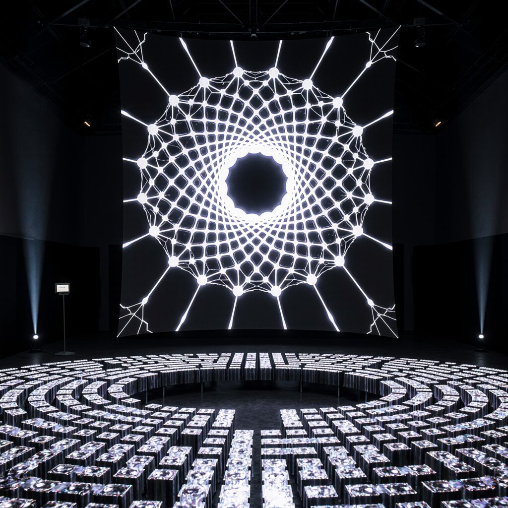 Large black-and-white geometric projection of a fractal grid above a circular array of illuminated cubes in a dark chamber, symbolizing networked consciousness, structural predation, and systemic control.