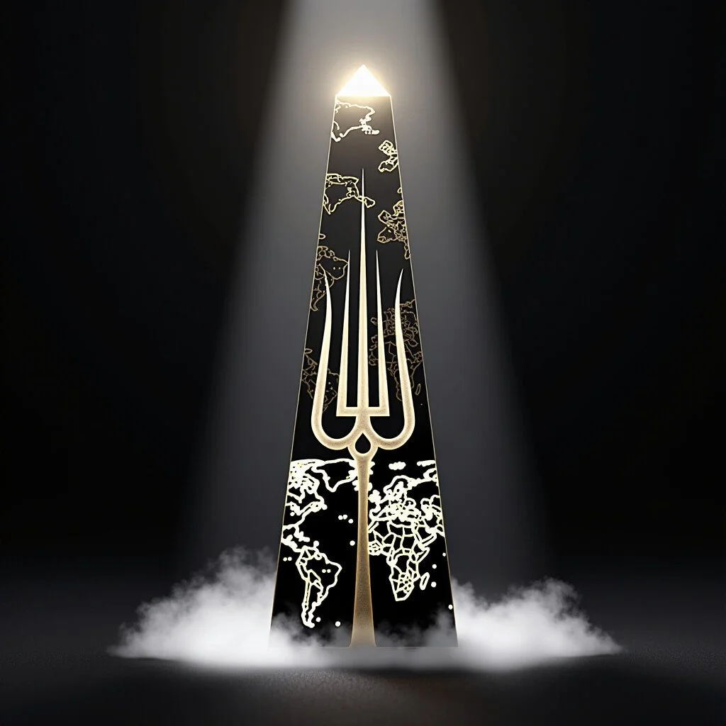 Black obelisk etched with gold world maps and a central trident emblem stands in a spotlight above low mist.