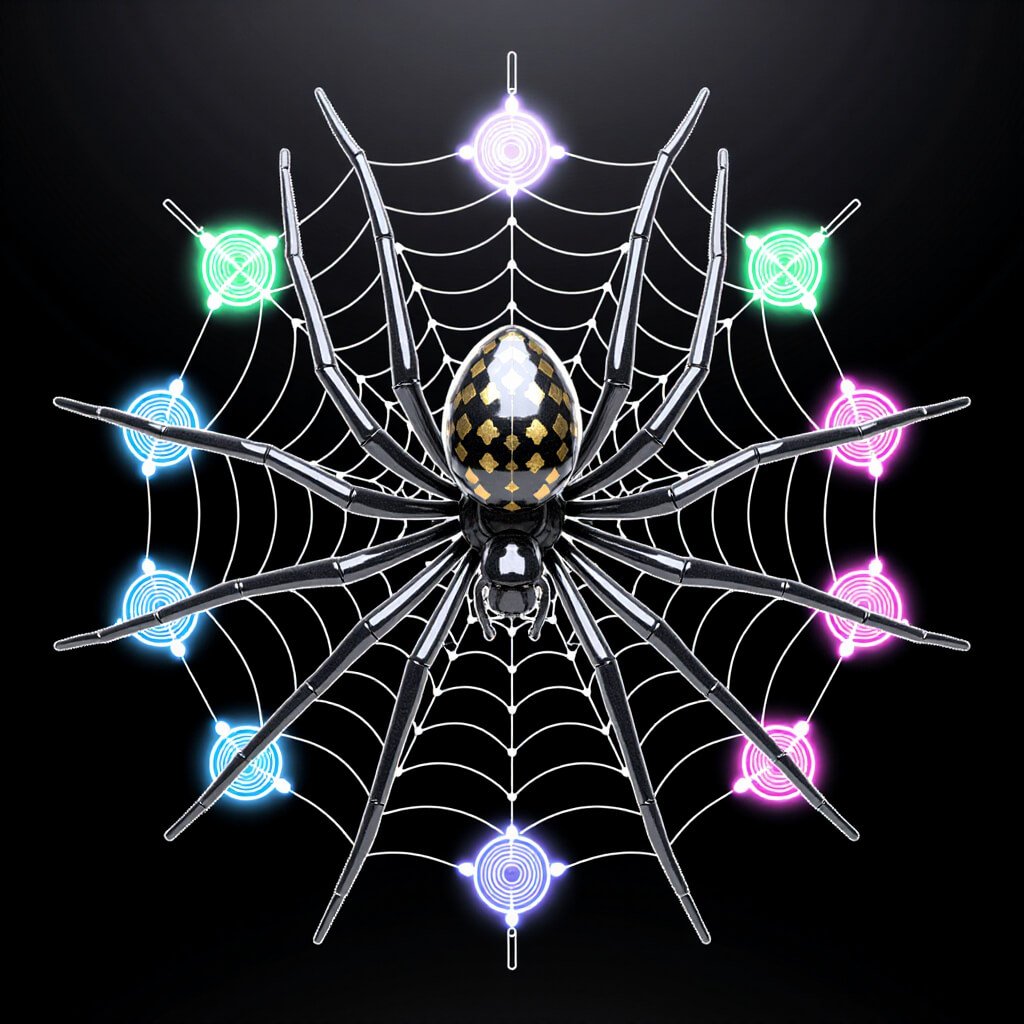 Chrome-black spider with gold-diamond abdomen on a white web, ringed by glowing cyan, magenta, and green target beacons on a dark void.