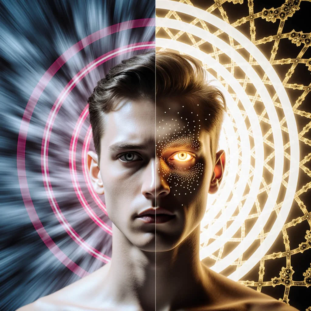 Split-portrait of a person symbolizing the transition from chaos to coherence, with one half illuminated by golden geometric light and the other immersed in blue spectral motion—visual metaphor for Alpha-Gating focus and cognitive phase locking.