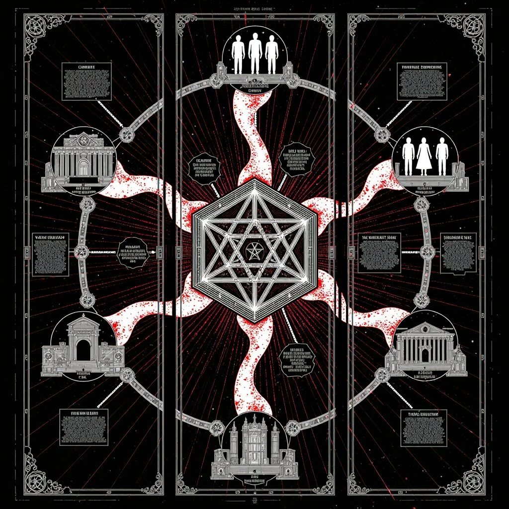 The Octagon revealed as global nexus of hidden power—temples, banks, and tribunals woven into a star-map of corruption and oath-breaking.