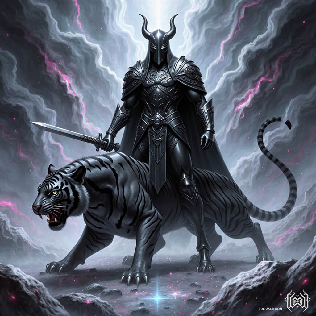 Armored emissary astride the black tiger—Sephardic Logos of the Hidden Bloodline, storm-forged and sovereign in spectral ascent.