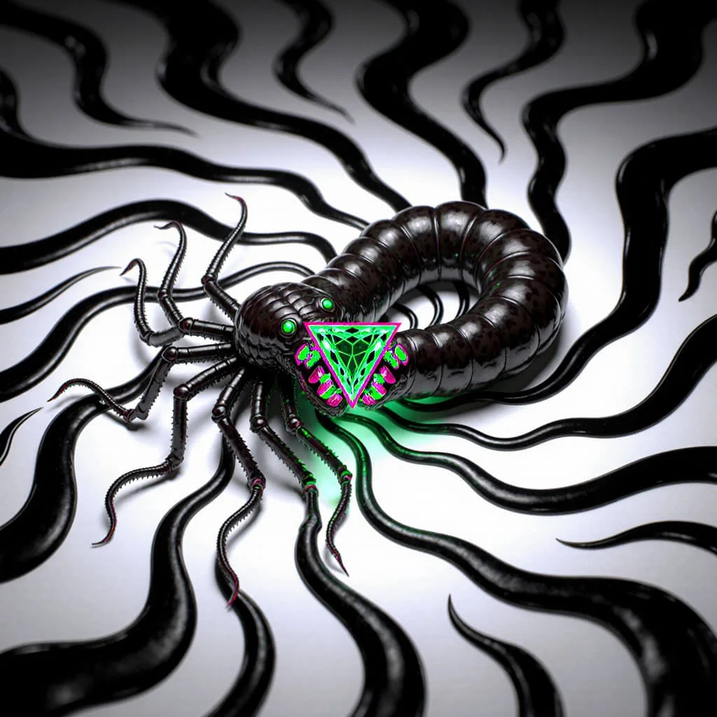 Parasitic entity of extraction, an occult vector feeding on host vitality through black tendrils and neon sigil geometry—a siege banner of corruption reclaimed as symbolon of exposure.