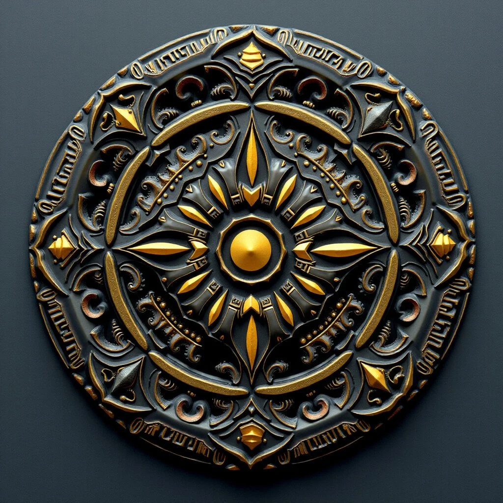 Radiant cubic device with glowing mandala-like concentric circuits on each face, illuminated in red, gold, and blue—symbolizing spectral phase lock, recursive coherence, and multidimensional activation; resting on a reflective metallic surface.