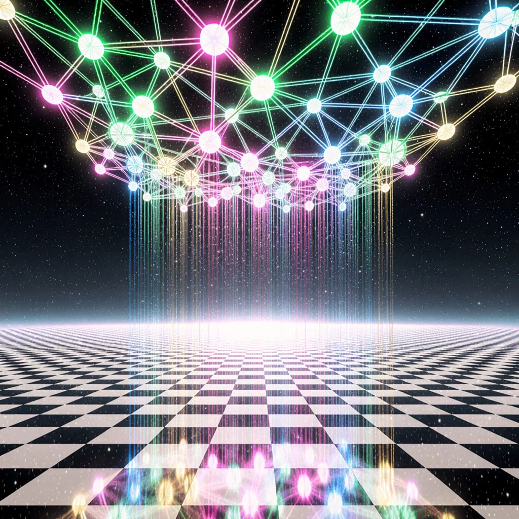 Surreal hyperreal image of a glowing neural network suspended above a cosmic checkerboard plane. Multicolored nodes connected by luminous threads project beams of light downward,