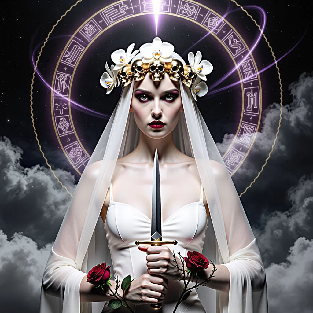 Veiled woman in white with a skull-and-orchid crown holds a vertical dagger before a glowing sigil halo in the night sky.