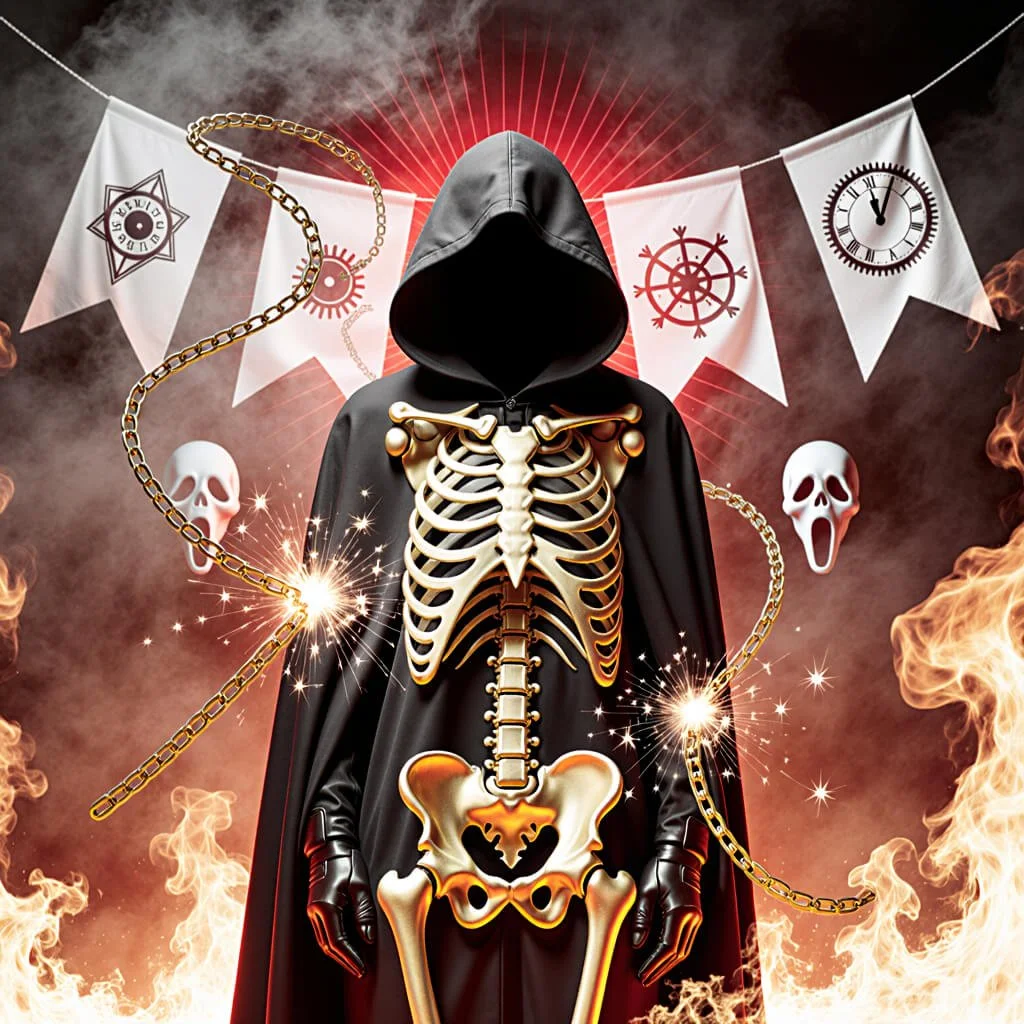 Hooded skeletal figure with gold armor standing before ritual banners and flames, surrounded by glowing chains and symbolic sigils, representing archetypal predation and ritualized power.