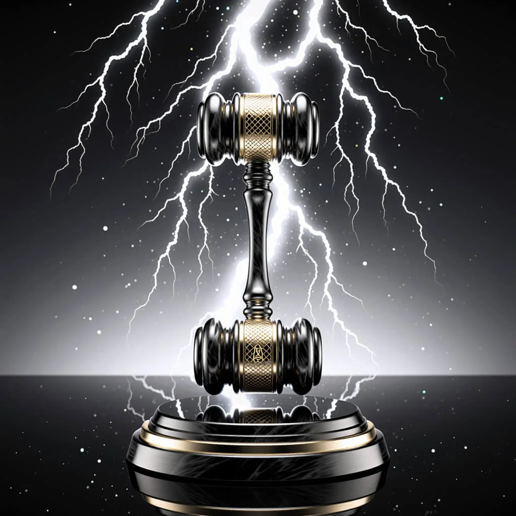 Black-and-gold ceremonial gavel stands on a mirrored pedestal while white lightning splits the sky behind it.