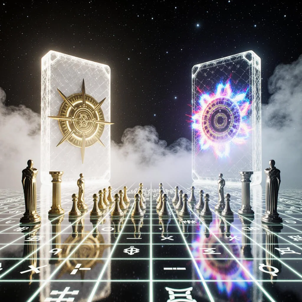 Golden chess pieces arranged on a glowing grid with celestial symbols, flanked by two massive tarot-like portal cards—one with a compass sigil and one with a radiant energy mandala—representing metaphysical strategy and cosmic decision-making.