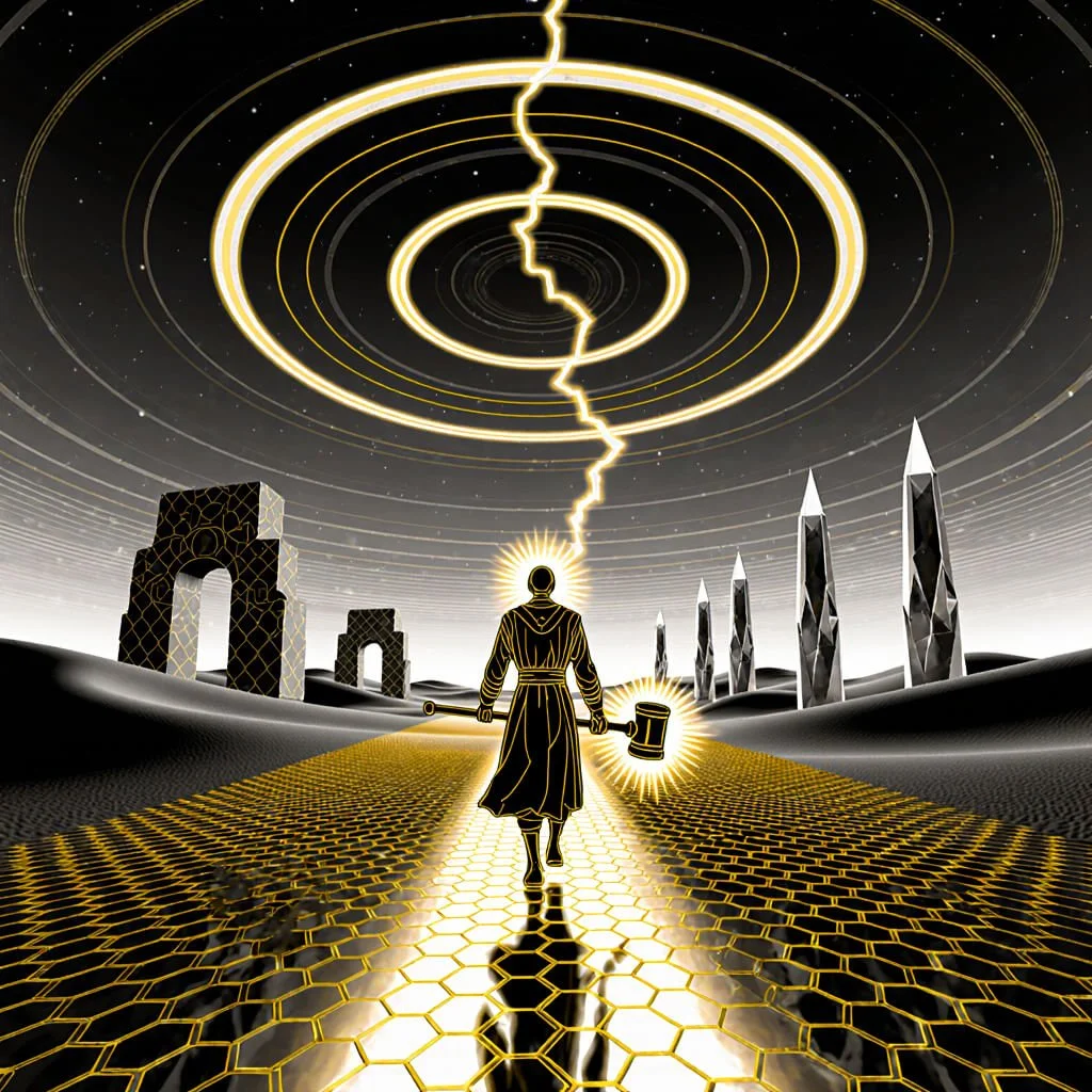 Haloed figure strides a glowing hexagonal road beneath concentric storm rings, lightning linking sky to a hammer while crystal obelisks and rune-like arches line a desert.