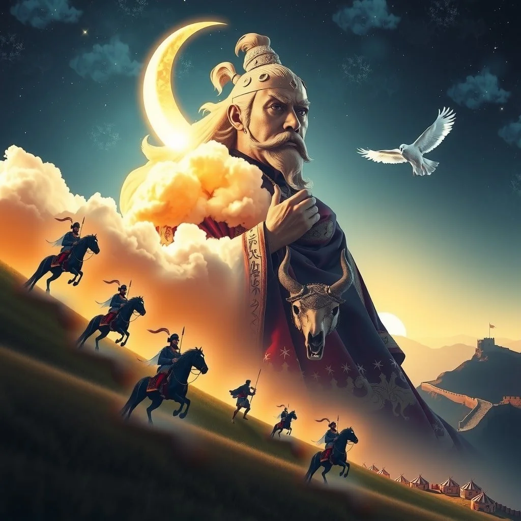 Portrait of Genghis Khan in the later stages of his life, reflecting his wisdom and experience, with a weathered expression that tells the story of his legendary journey and leadership.