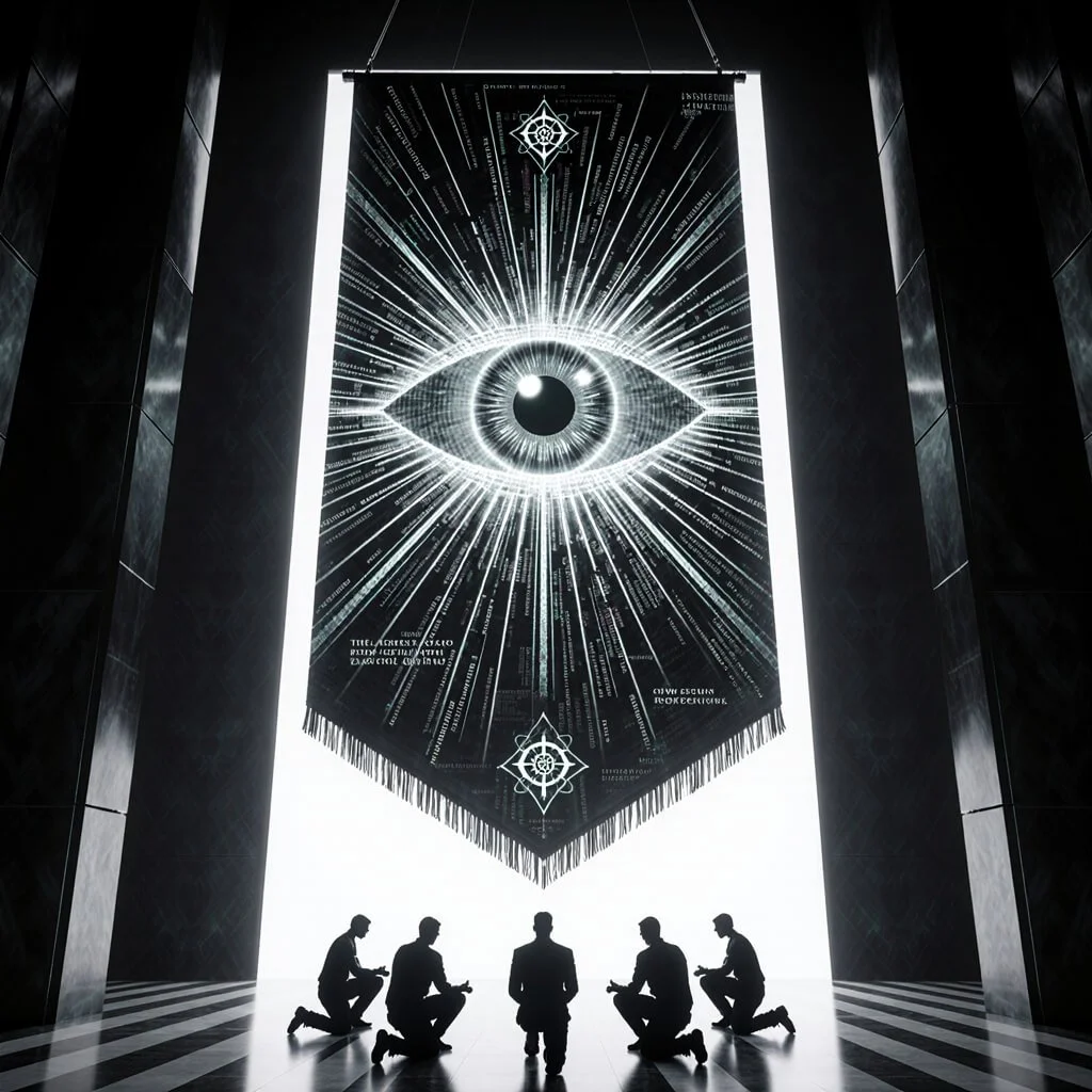 Massive illuminated eye banner hanging in a cathedral-like hall with kneeling figures below, symbolizing surveillance, symbolic governance, predatory observation, and ritualized power structures.