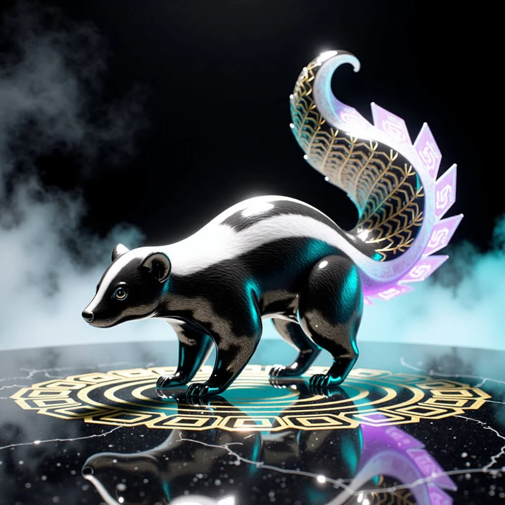 Glossy black-and-white skunk on a gold sigil disk; ornate luminous tail with runic plates curls upward amid turquoise mist.