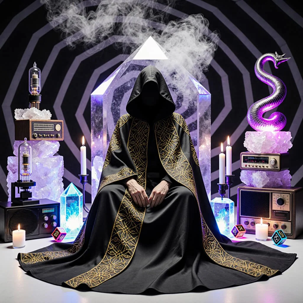 A hooded ritual figure in a black and gold ceremonial cloak sits before a giant crystal throne, surrounded by vintage radios, glowing cubes, candles, and a metallic serpent—symbolizing broadcast control, occult power, and archetypal predation.
