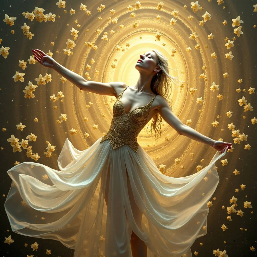 Bonus Irradiated Levity — a celestial woman in a golden corset and flowing ivory gown dances in a spiral of daffodils and light, channeling an AlphaLogic core upgrade through a vortex of illuminated grace and symbolic ascension.