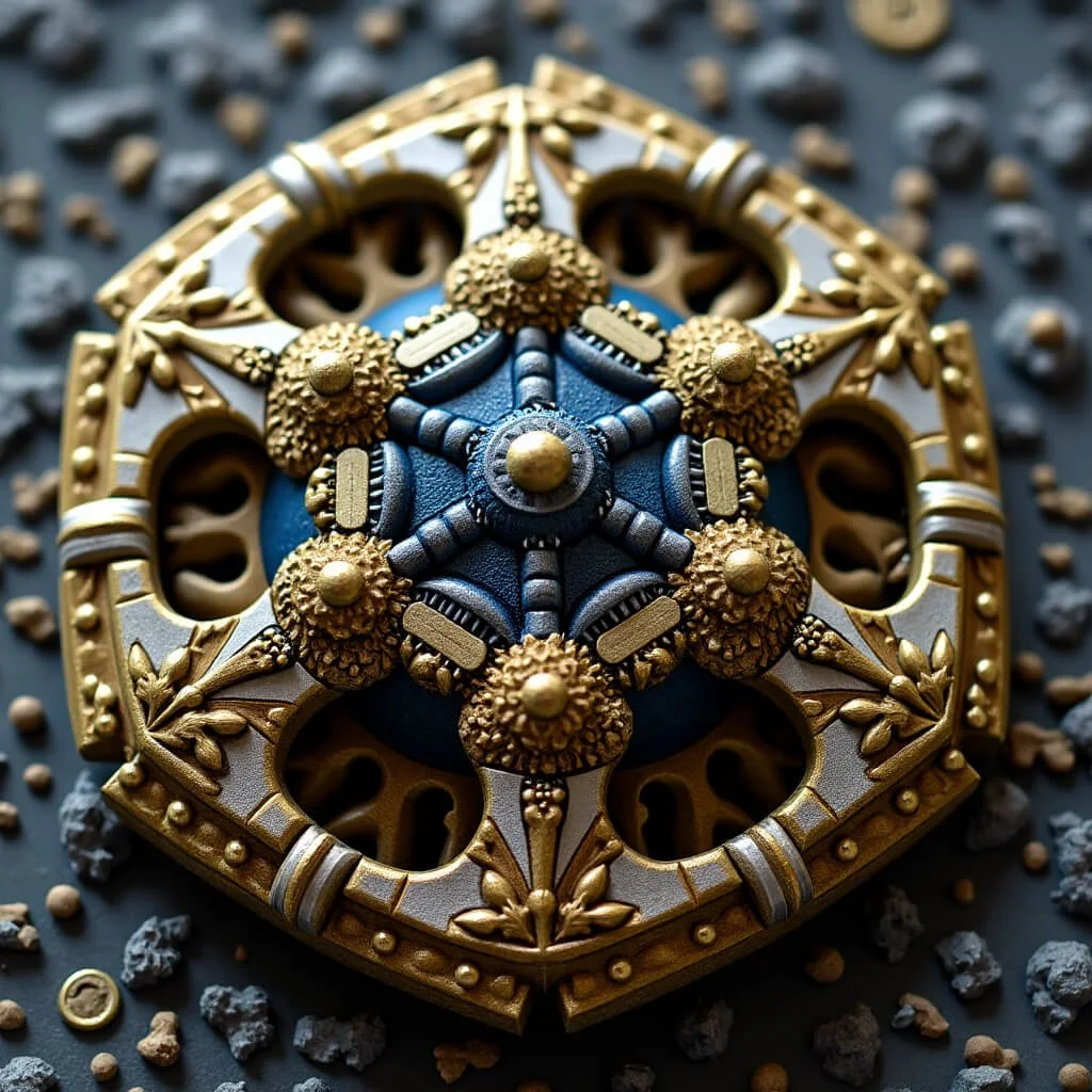 A detailed, gold-and-blue ornamental artifact with six-fold radial symmetry, resembling a ceremonial seal or mechanical sigil, resting on a textured surface with scattered mineral fragments.