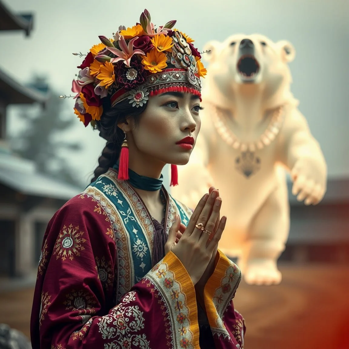 Mongolian shamanic priestess in prayer, accompanied by her glowing white spirit bear, symbolizing a deep connection to the spiritual realm and nature.