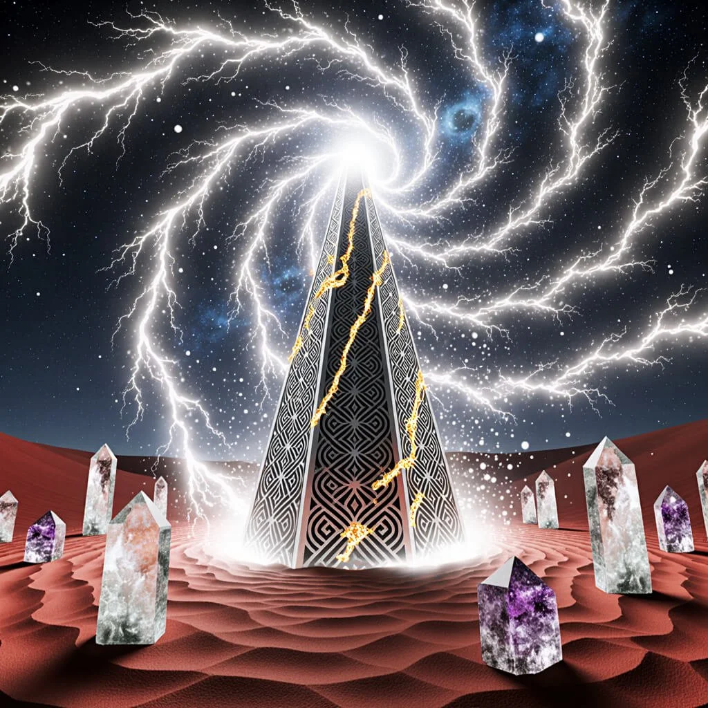 Tower-like monolith in desert surrounded by crystal obelisks as lightning spirals from the sky, symbolizing energy activation, archetypal power, and hyperdimensional transformation.