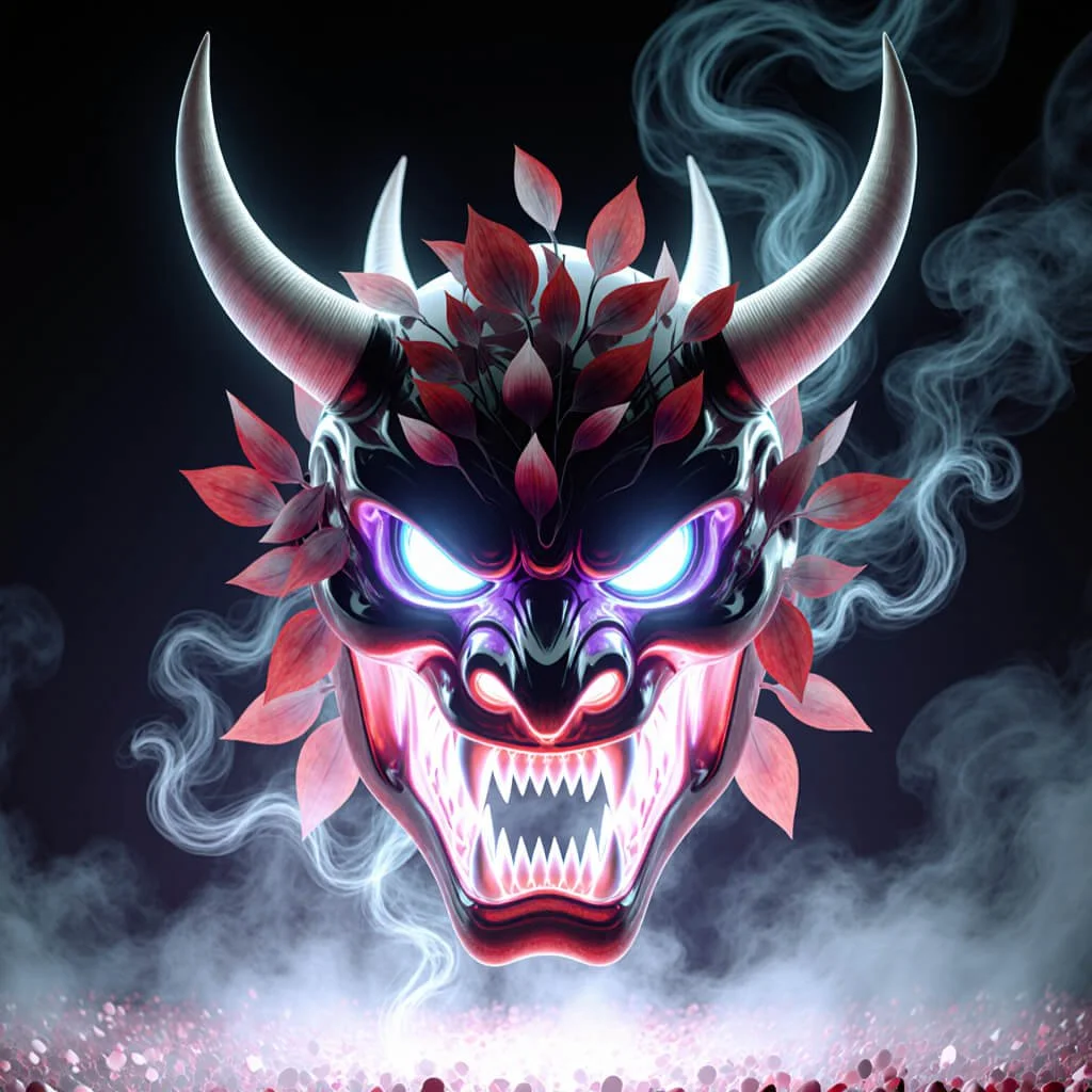 Horned demon mask with glowing eyes and red leaves emerging from its head, surrounded by smoke, symbolizing shadow integration, archetypal transformation, and mythic psychology.