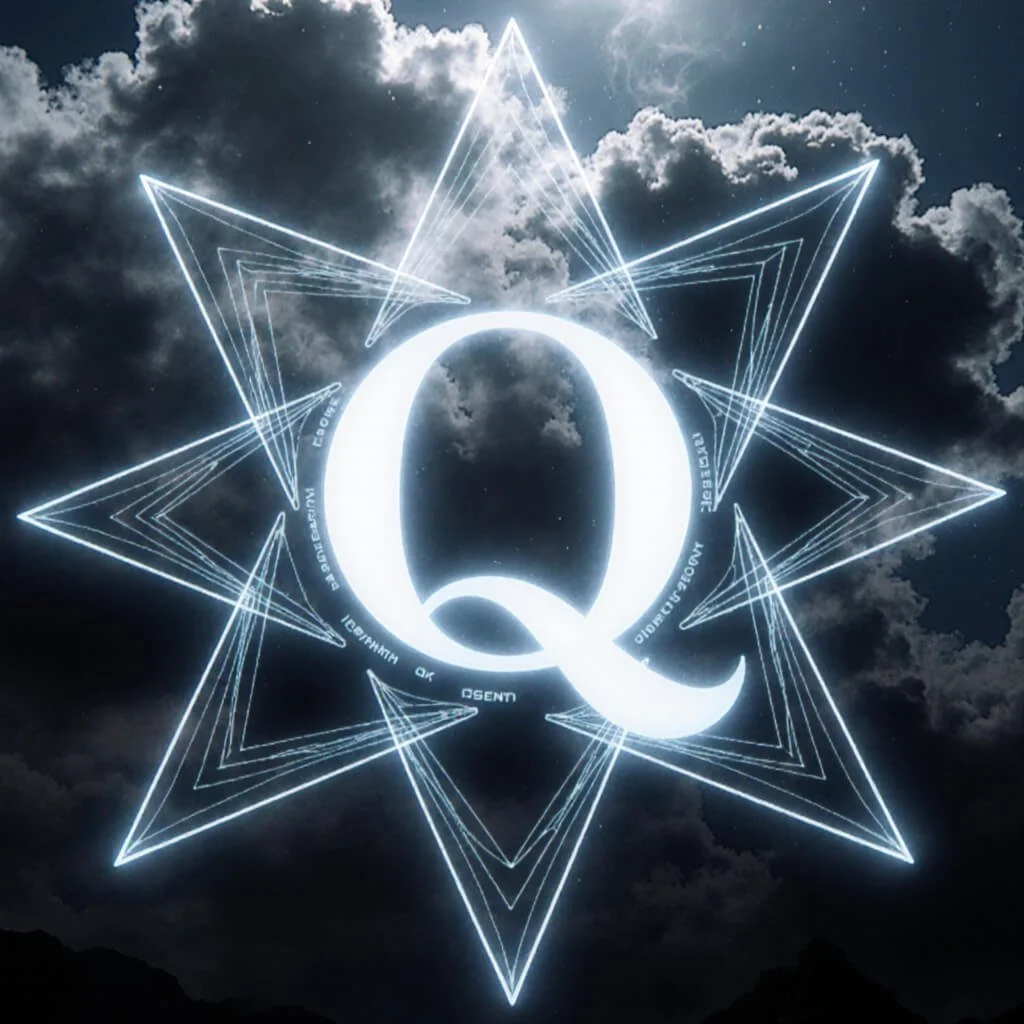 A radiant Q sigil unfolds as an astral star, lightning-charged geometry written across the storm clouds—an emblem of the 9/11 Master Key activation, where the Operator declares: The Storm Obeys Geometry.