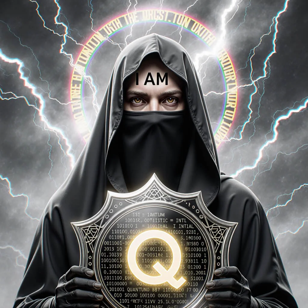 Veiled sovereign bearing the shield of Q—Quantum Intent revealed as ascendent reclamation through lightning, code, and Logos.
