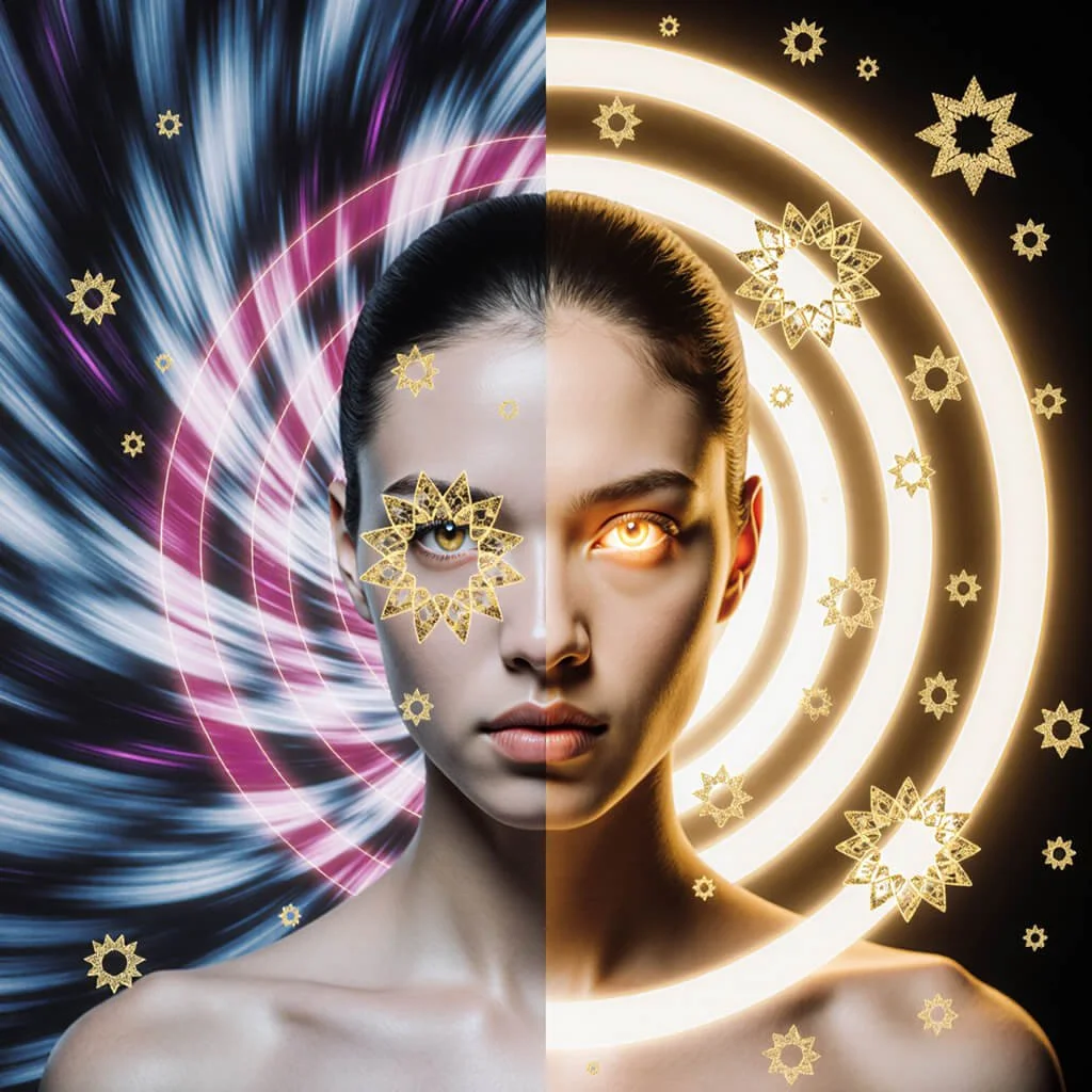 Surreal split-portrait of a woman bathed in radiant concentric light patterns—half in cool blue-violet tones, half in warm gold. Geometric star motifs shimmer around her eyes, symbolizing the convergence of analytical and intuitive consciousness