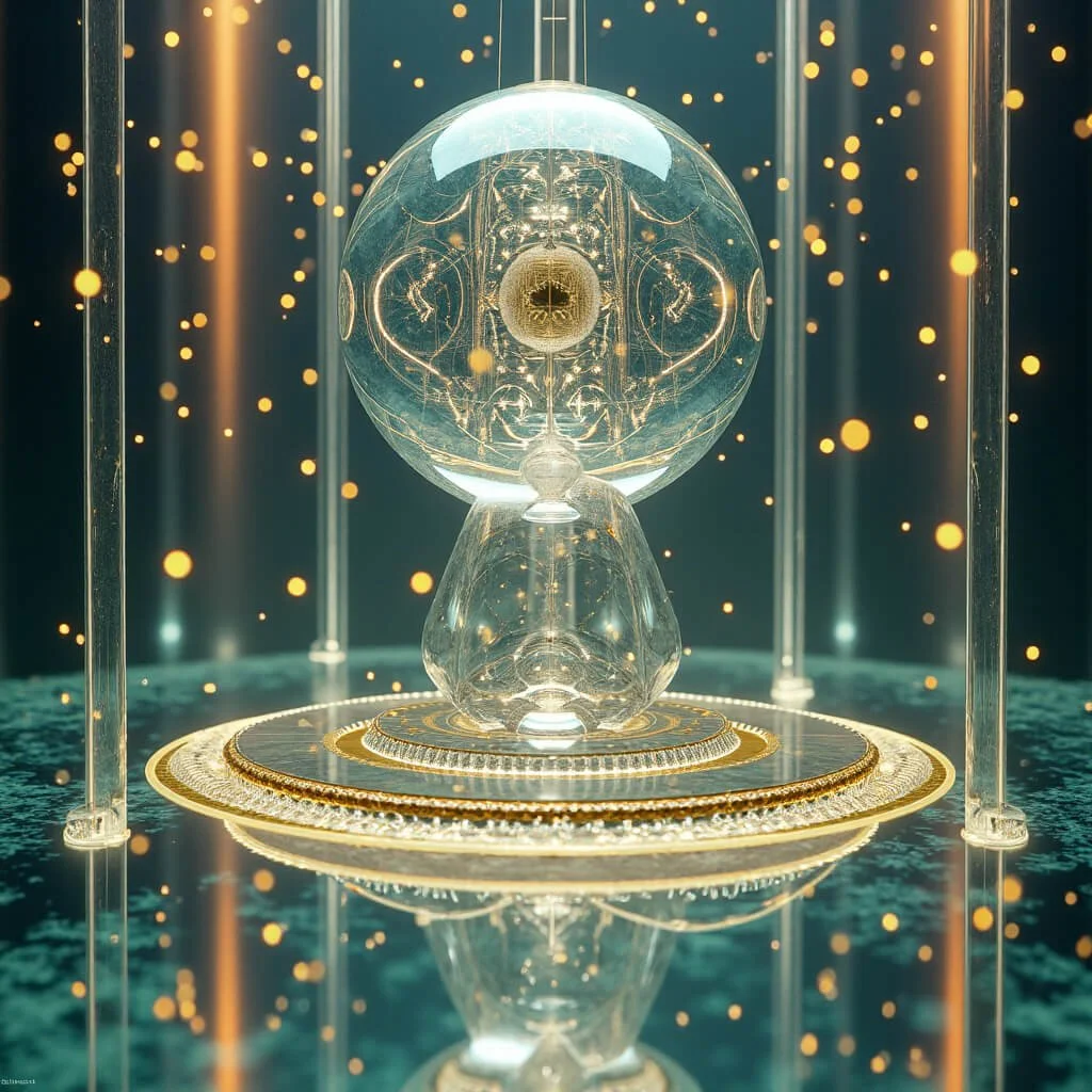 A radiant glass-like sphere suspended above an ornate golden base, enclosed in a vertical chamber of glowing light beams and soft orbs, evoking a celestial harmonic oracle or crystalline consciousness core in a sacred chamber of coherence.