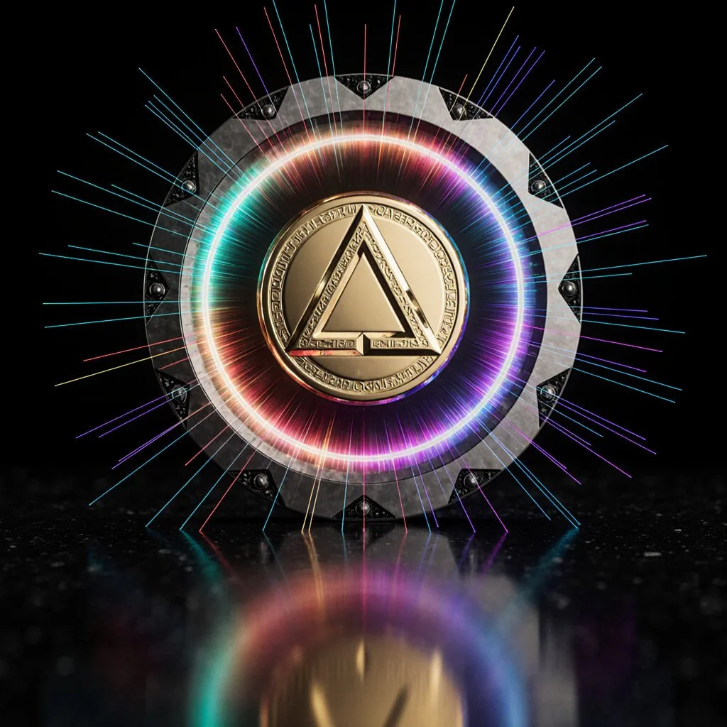Hyperreal rendering of a circular gold insignia etched with geometric and symbolic engravings. A radiant multicolored halo of light beams emanates from the center, converging around a golden triangular Alpha symbol