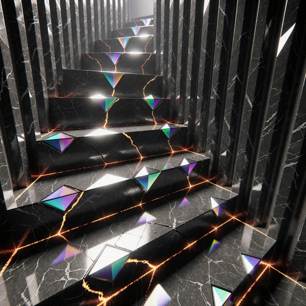 Black marble staircase fractured by glowing tectonic cracks with embedded iridescent prism-symbols, representing entropy, structural failure, and symbolic ascent.