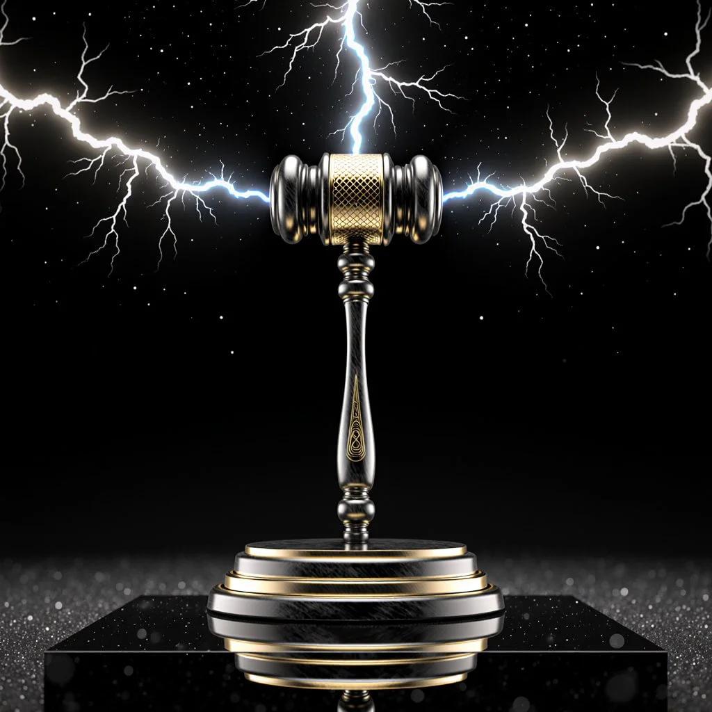 A black-and-gold gavel stands upright on a tiered pedestal as two bolts of lightning cross behind it in a starry void.