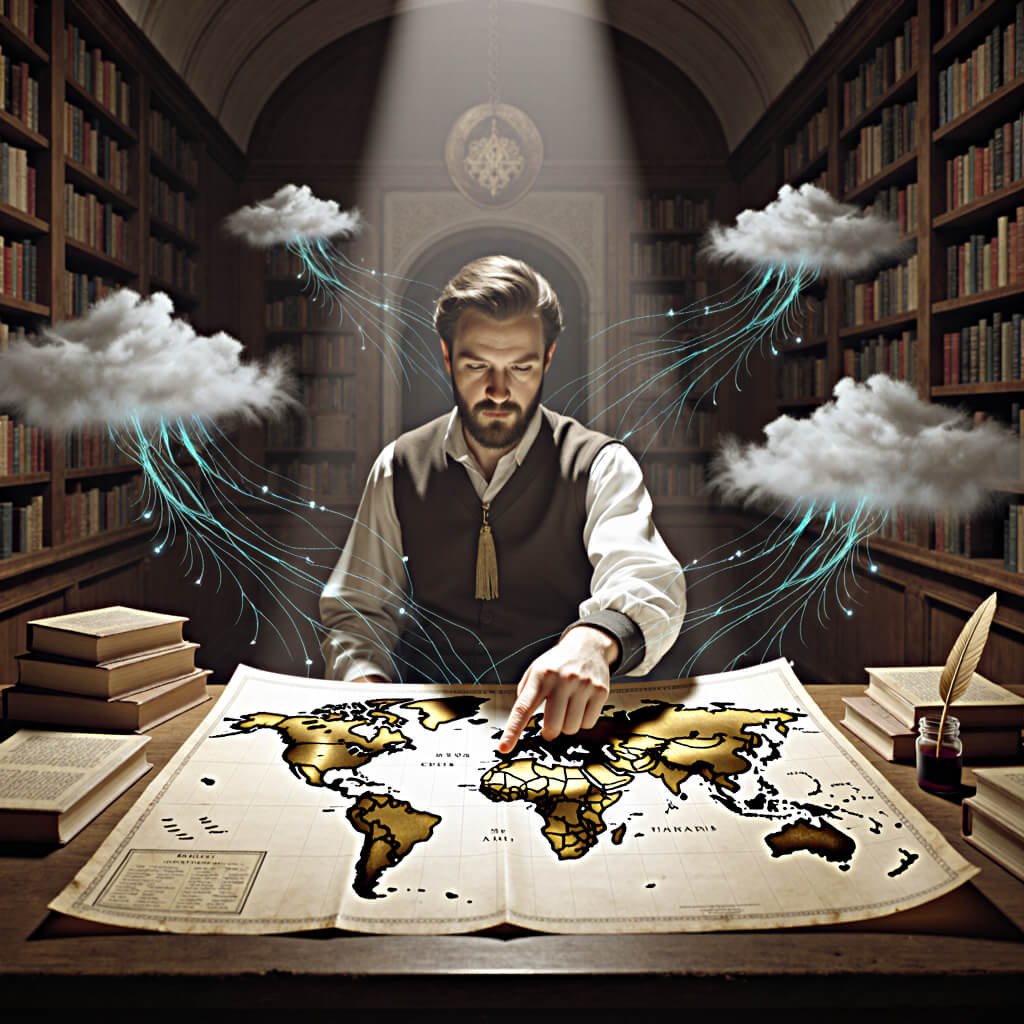 A man studying a golden world map in an ornate library, surrounded by floating storm clouds and luminous data streams—representing the mapping of consciousness, strategic cognition, and the fusion of mythic insight with analytical intelligence.