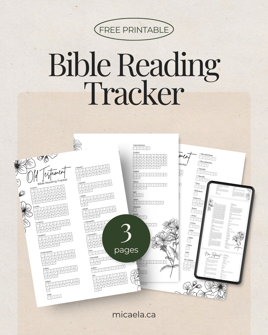 A digital promotional image for a free printable Bible reading tracker with three pages, featuring sheets with biblical books, a mobile device displaying the tracker, and floral illustrations, with the website micaela.ca.