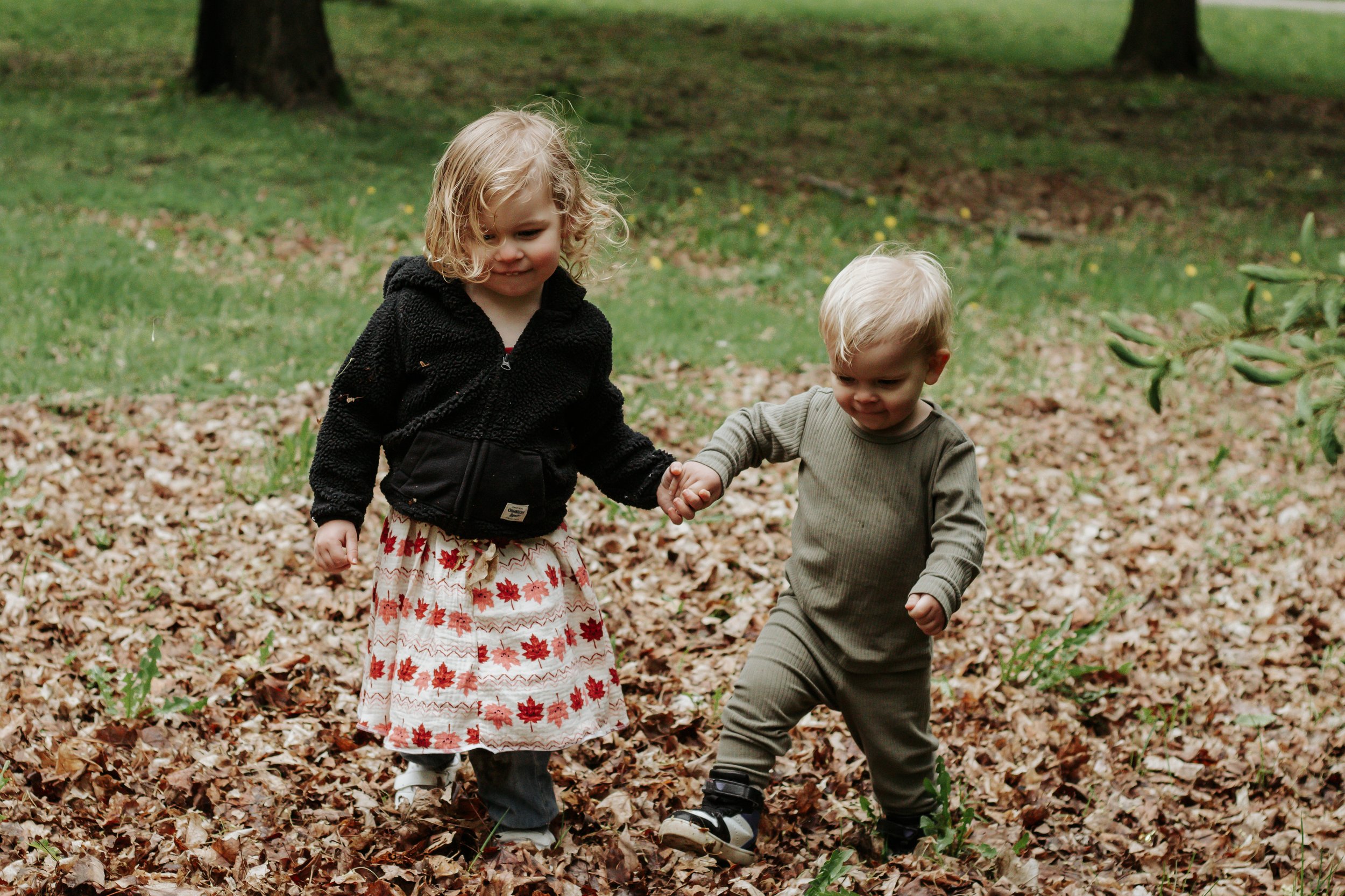 Two young children, a girl and a boy, holding hands and walking through a leaf-covered outdoor area with trees in the background. Family photos at elgin park uxbridge ontario