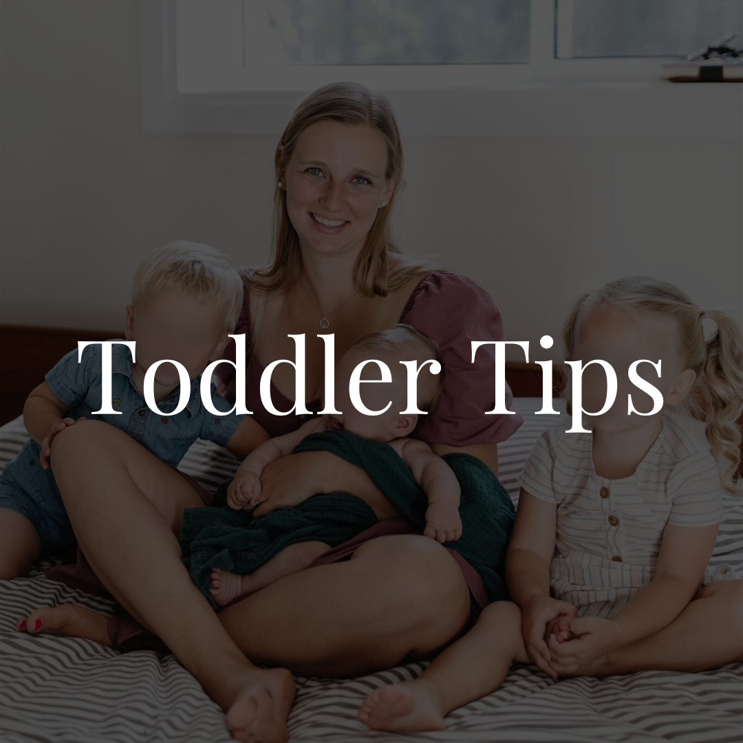 A smiling woman sitting on a bed with three young children, with a window in the background, and the text 'Toddler Tips' overlaid.