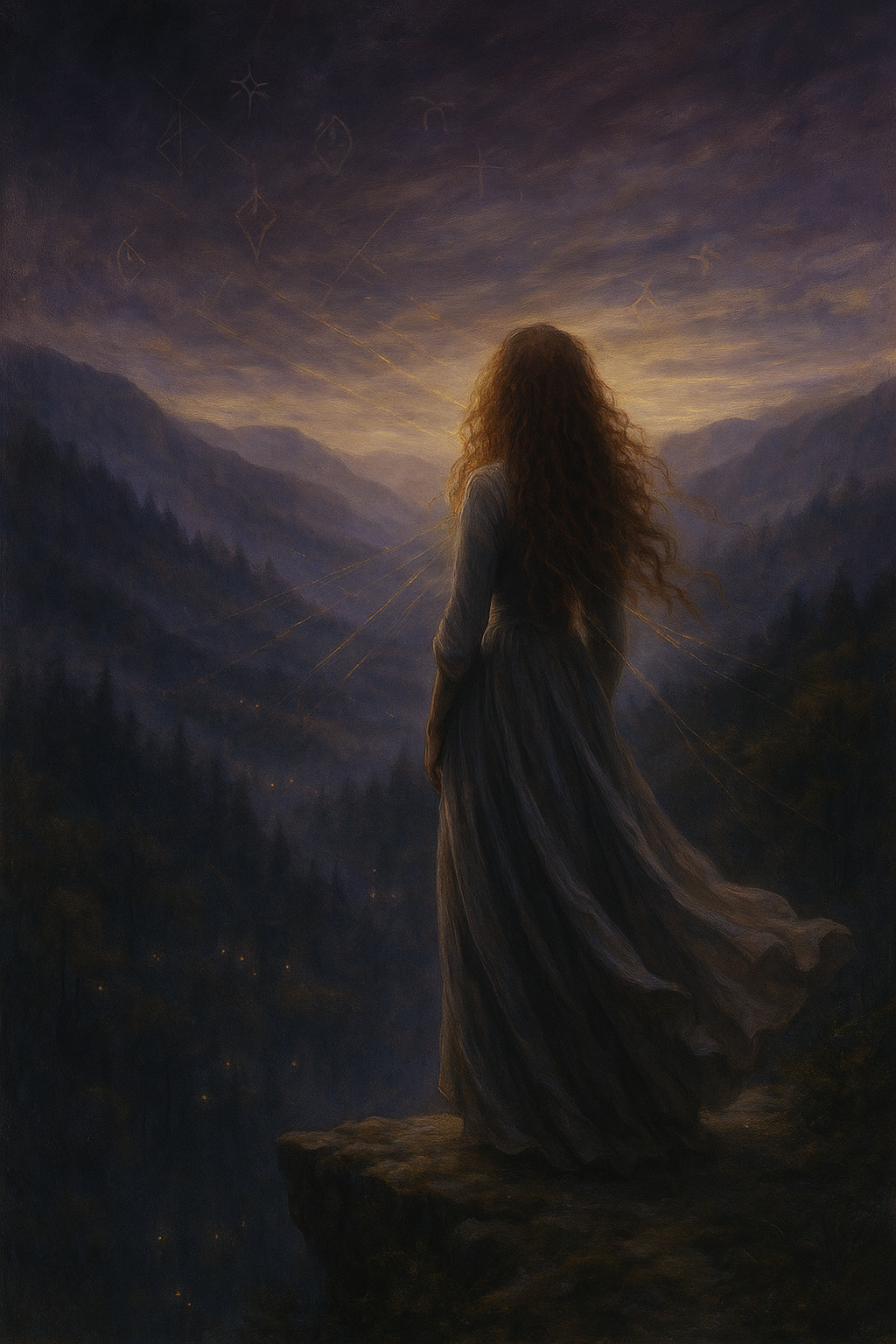 A woman with long curly hair stands on a rock ledge overlooking a mountainous landscape during dusk or dawn. The sky is adorned with faint constellations and a soft glow near the horizon.