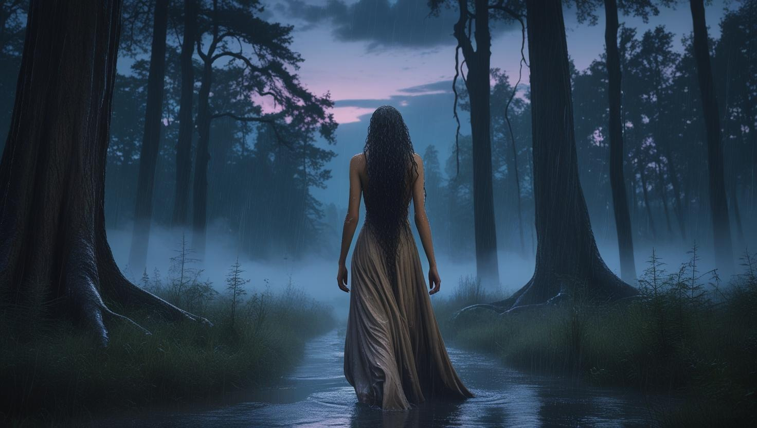 A woman with long, dark hair standing in a foggy forest at dusk or dawn, wearing a flowing skirt, with her back turned towards the camera.