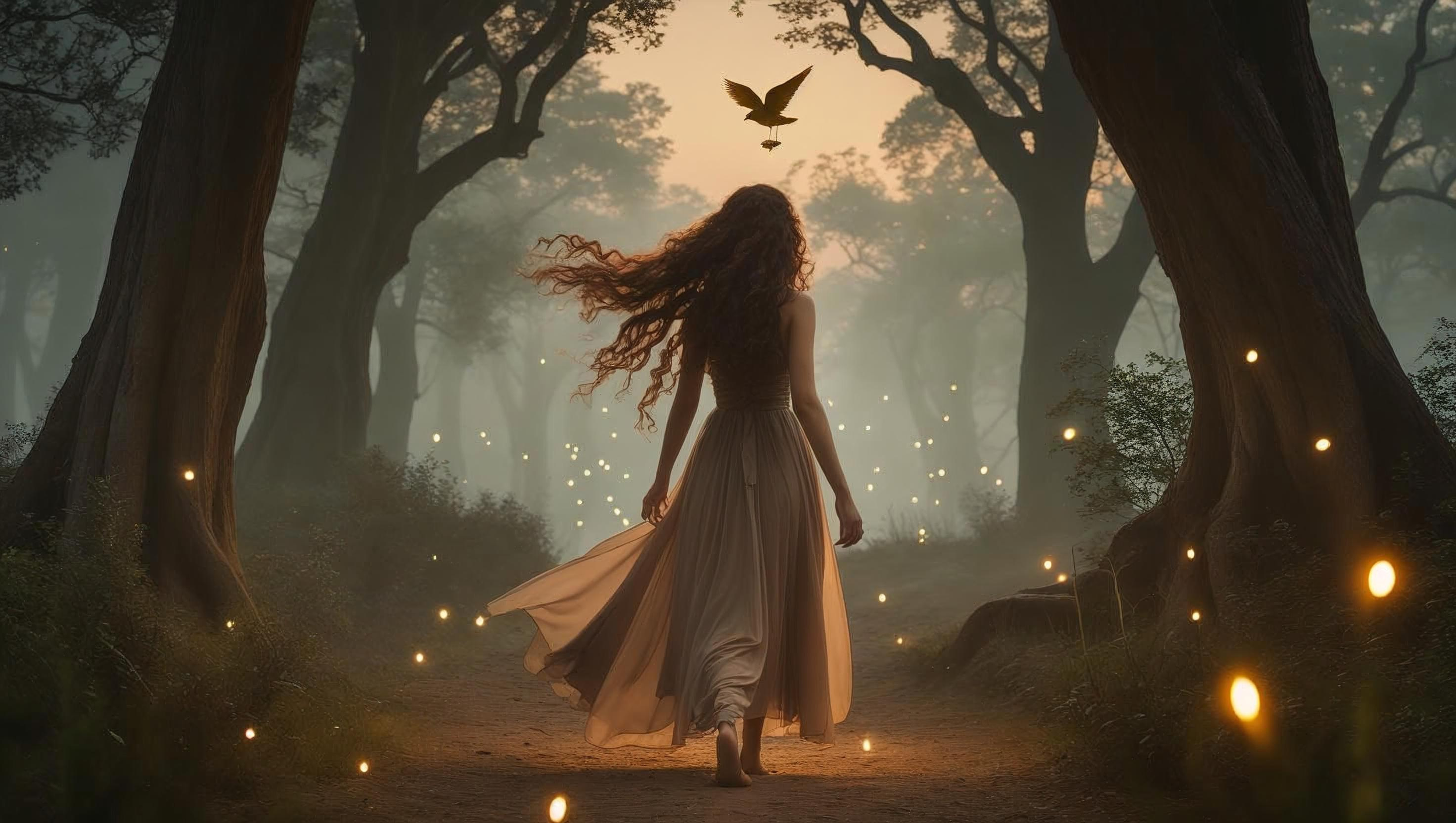 A woman in a flowing beige dress walking down a forest path at sunset, with fireflies surrounding her and a bird flying above in the sky.