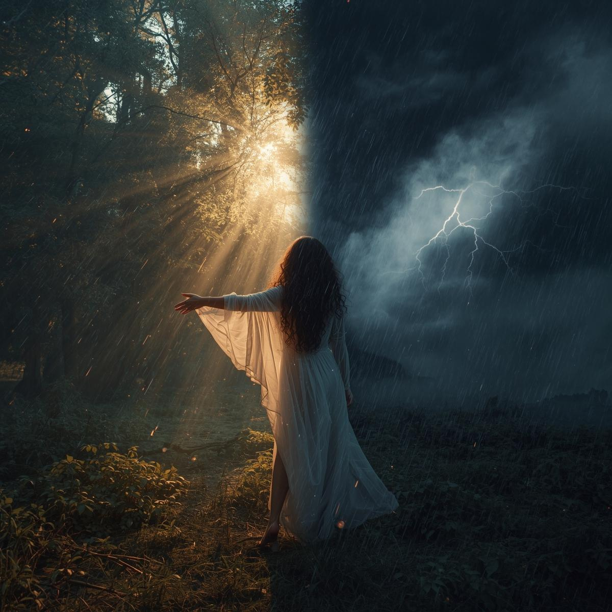 A woman in a flowing white dress standing in a forest, with sunlight streaming through the trees on one side and a storm with lightning and rain on the other.