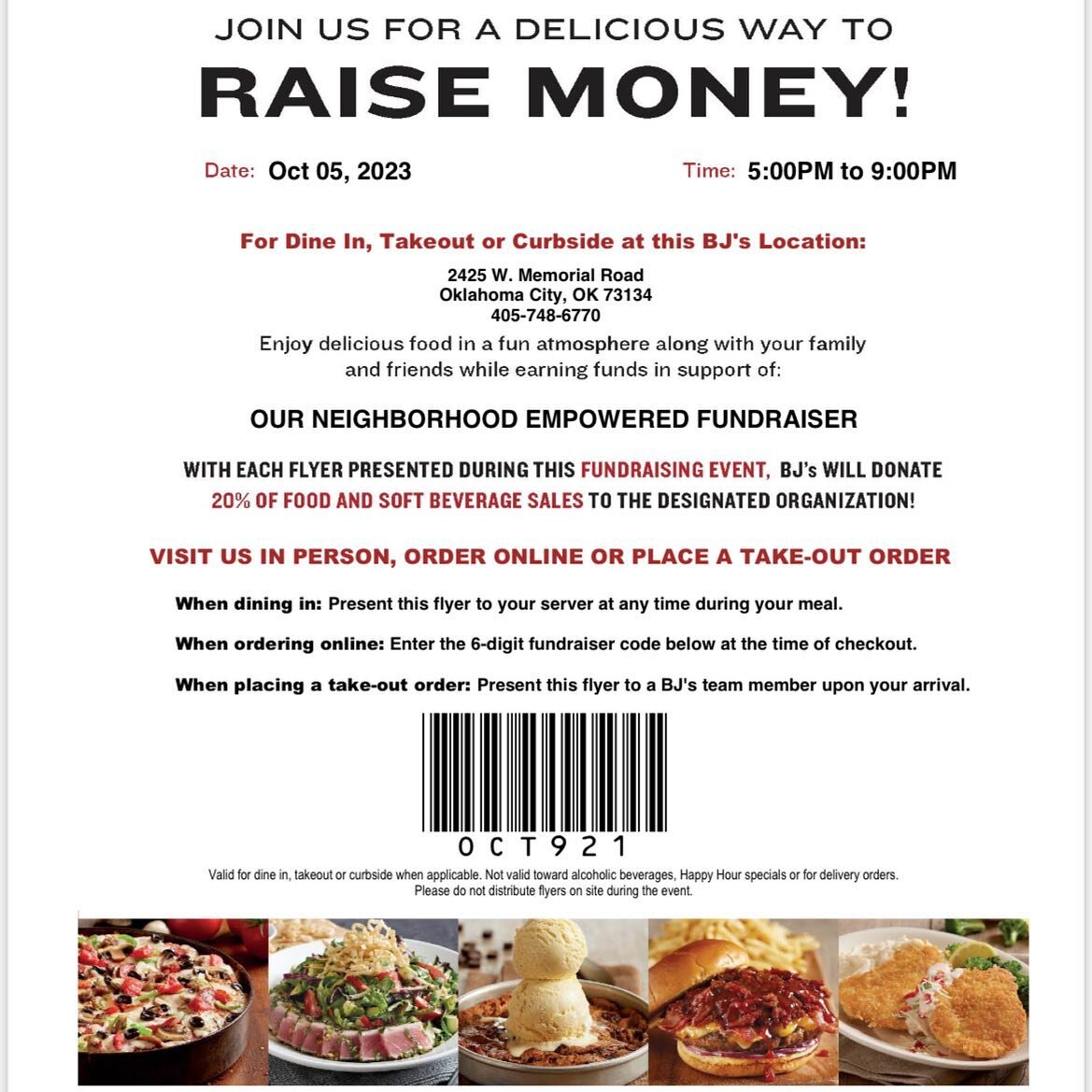 Friends!!! Come have dinner with us on October 5th at BJs! 20% of their sales will be donated to us when you show this flyer during dinner time that evening (5p-9p). We&rsquo;d love to see you there!! Mark your calendars now!