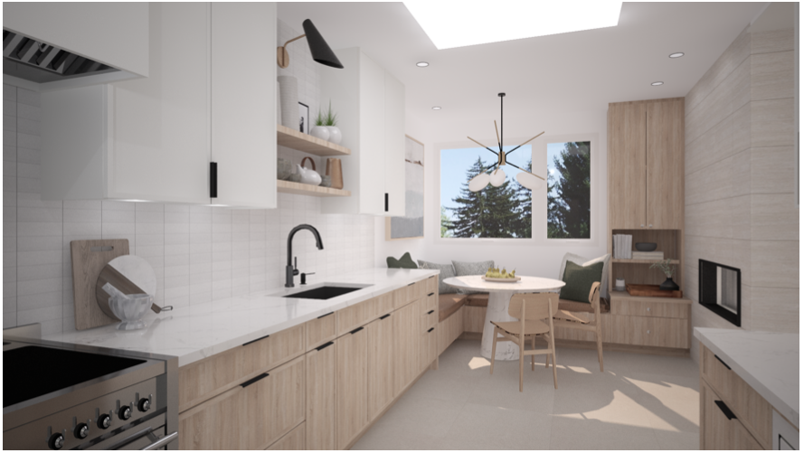 Photo realistic 3D rendering of a modern kitchen design, white oak and white with corner banquette