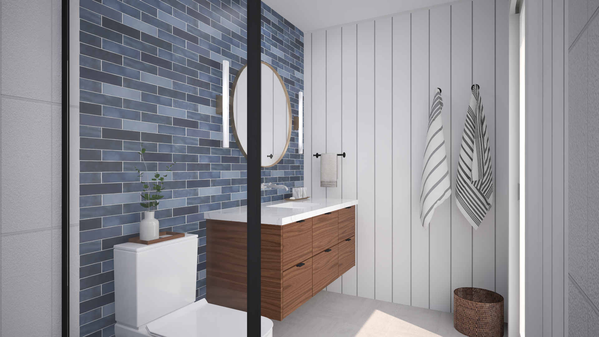 Photo realistic 3D rendering of a modern coastal bathroom design concept, dark blue tile, vertical white shiplap and walnut vanity